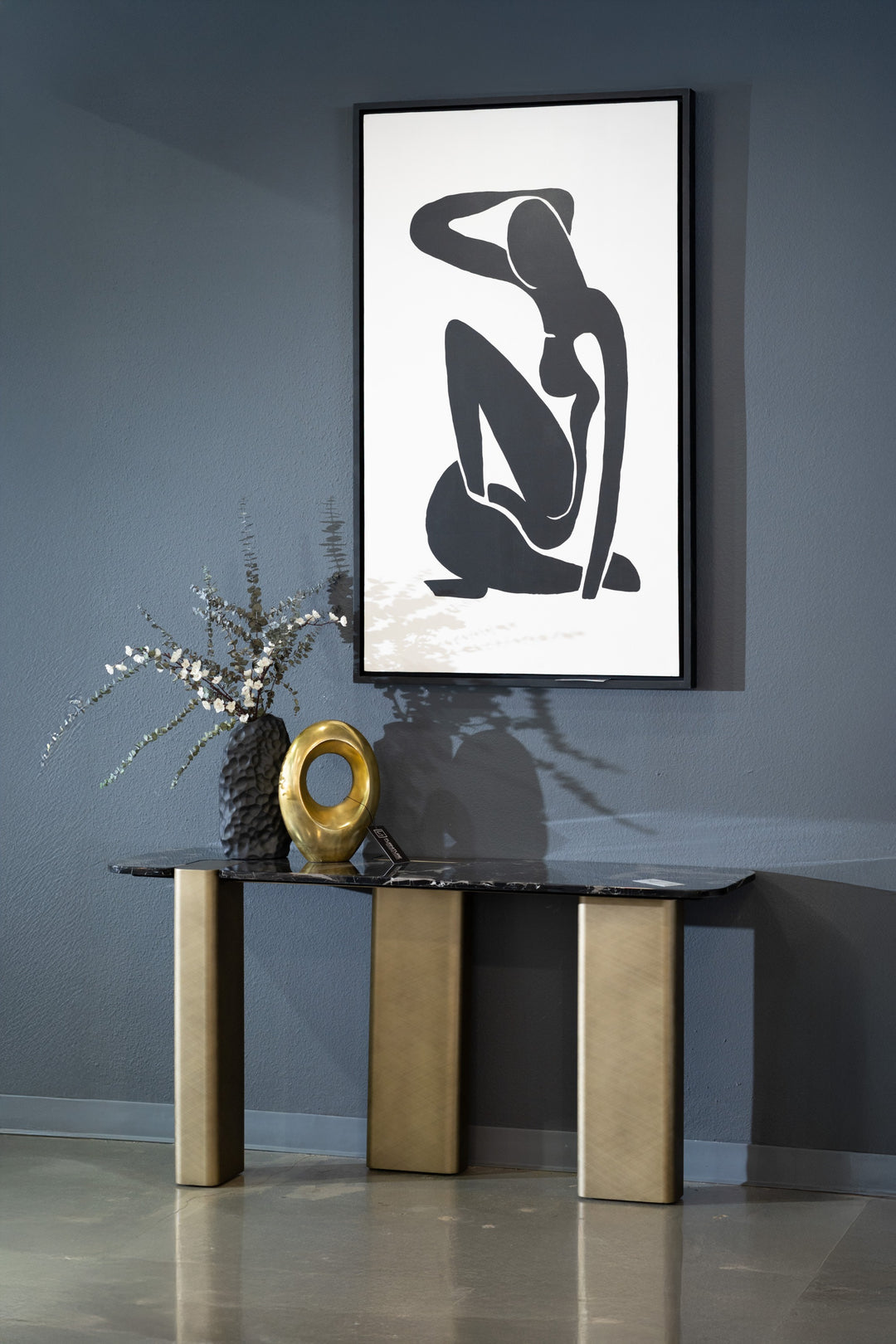 Quest - Modern Black Rose Marble  Antique Brass Console Table
