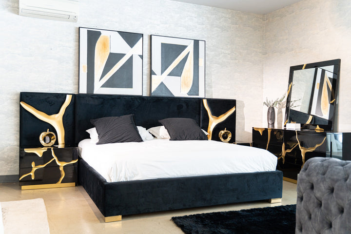 Aspen - Modern Black + Gold Bed + Nightstands
