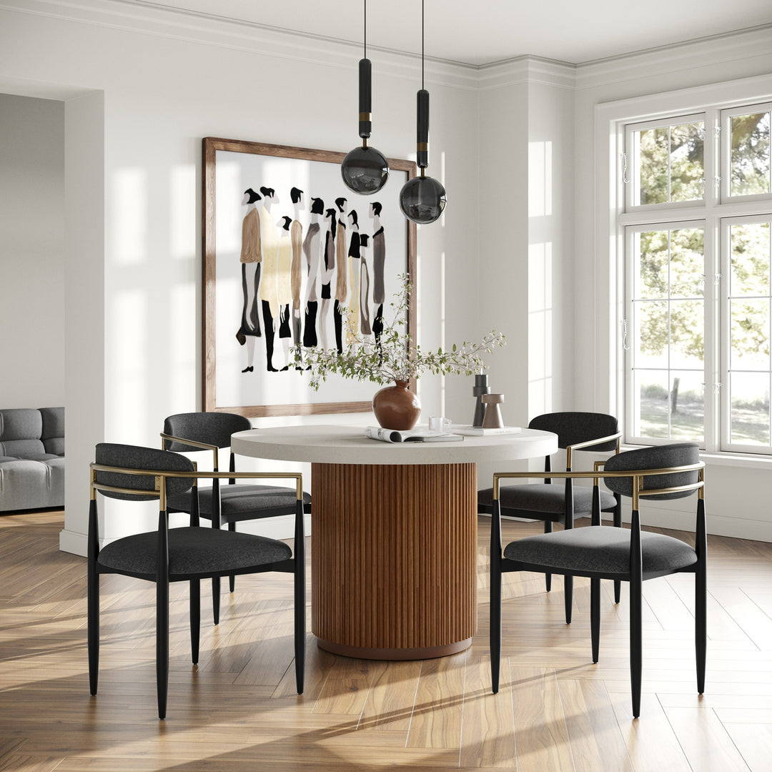 Duncan  Modern Faux Concrete + Walnut Round Dining Table