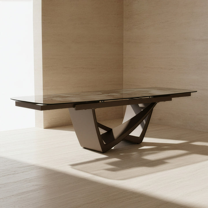Dunster - Contemporary Beige Ceramic + Metallic Grey Extendable Dining Table