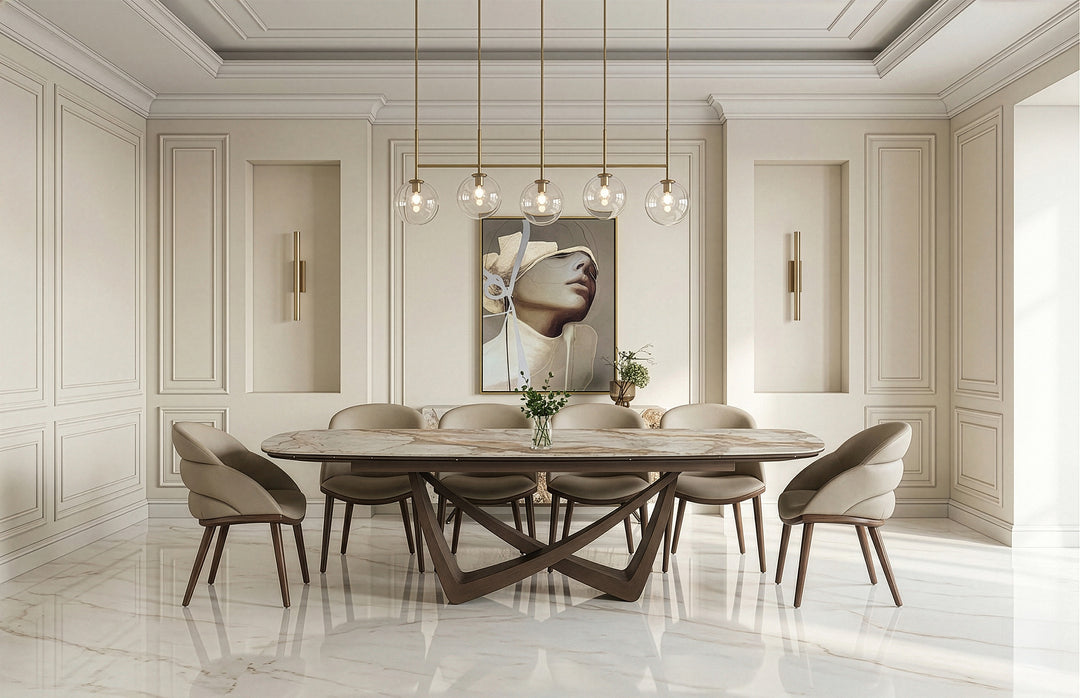 Dunster - Contemporary Beige Ceramic + Metallic Grey Extendable Dining Table
