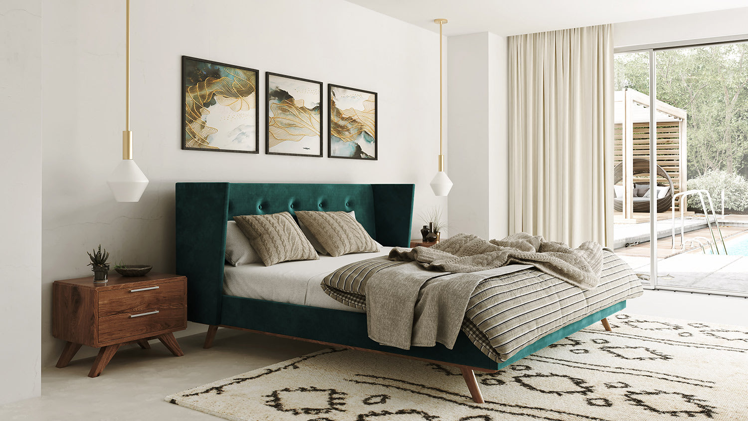 Durango Modern Green Fabric & Walnut Bed - View 5