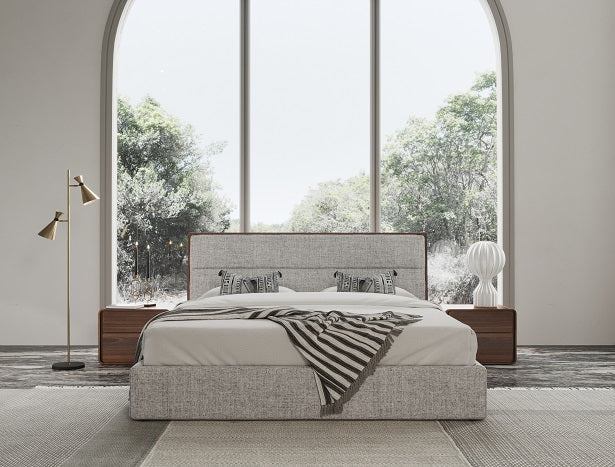Dustin - Modern Grey Fabric &amp; Walnut Trimmed Bed
