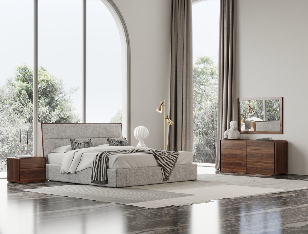 Dustin - Modern Grey Fabric & Walnut Trimmed EK Bedroom Set