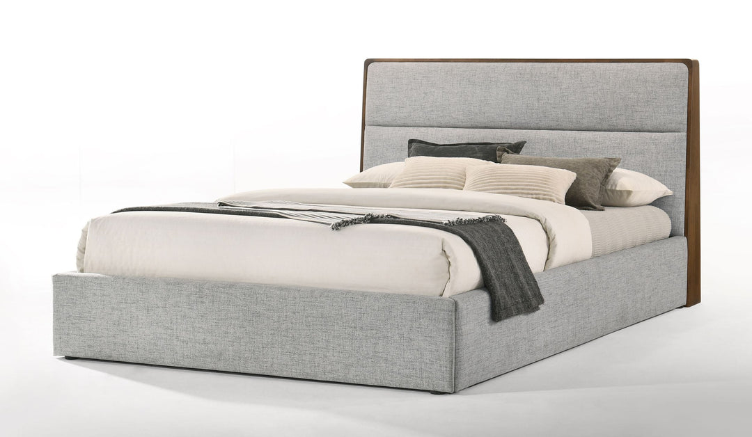 Dustin  QueenModern Grey Fabric & Walnut Trimmed Bed