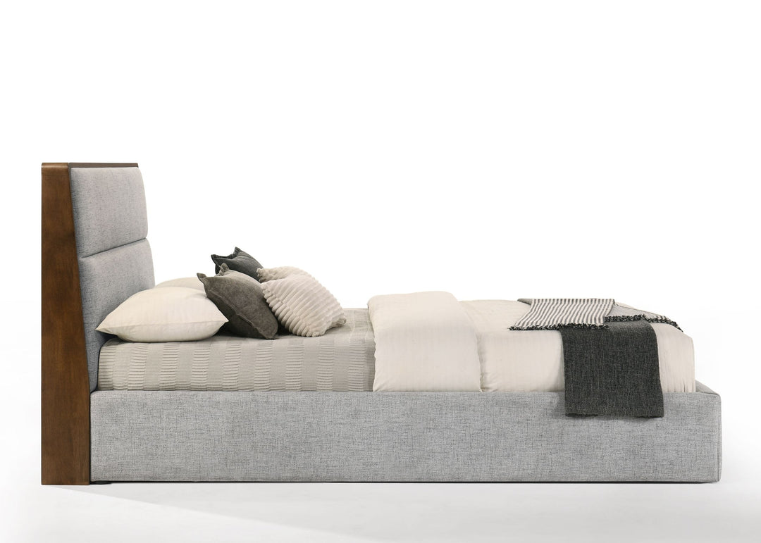 Dustin - Eastern King Modern Grey Fabric & Walnut Trimmed Bed