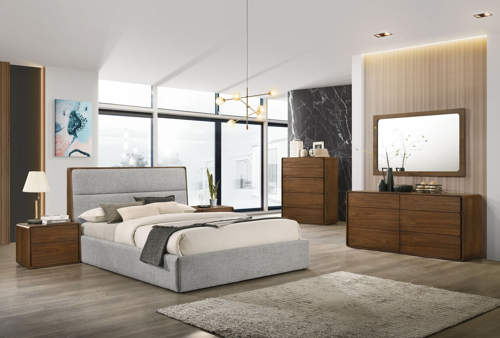 Dustin - Modern Grey Fabric & Walnut Trimmed Bedroom Set - View 3