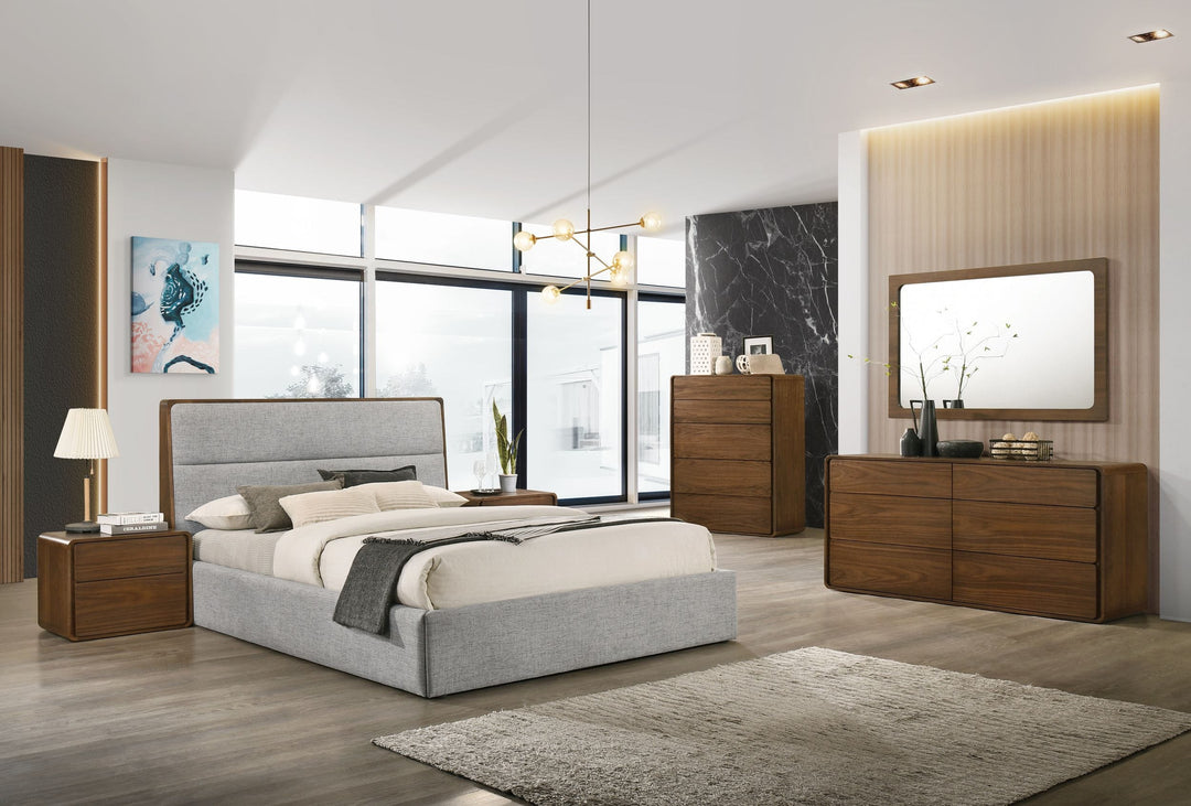Dustin - QueenModern Grey Fabric & Walnut Trimmed Bed