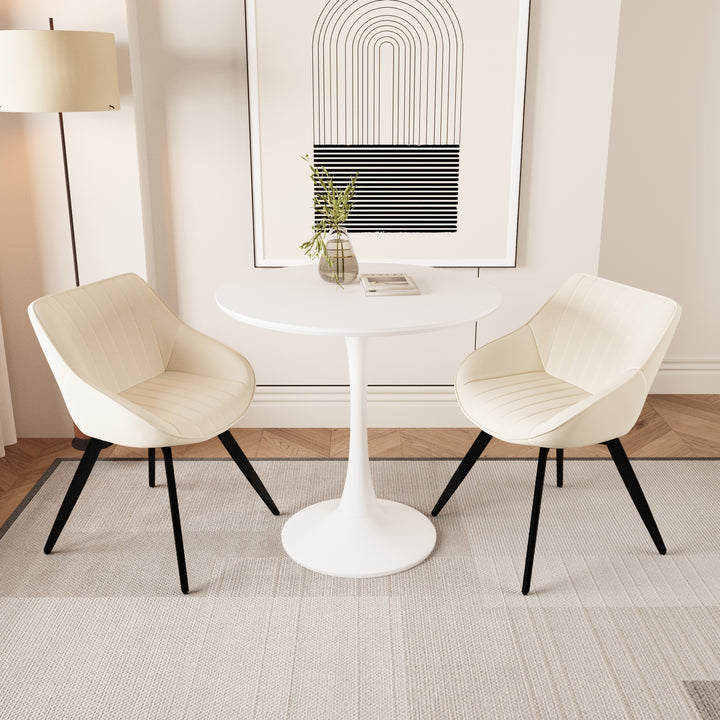 Mid-Century Modern 3-Piece Round Tulip Dining Table Set with White Table &amp; Beige Vegan Leather