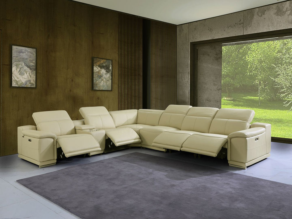 DivanItalia 9762 7-Piece L Shaped Top Grain Italian Leather Sectional Sofa with 4 Power Recliners - Beige