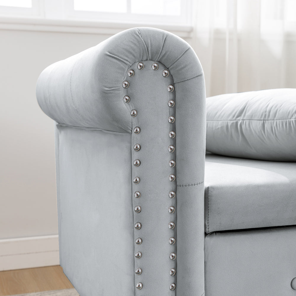 grey-velvet-lounge-chaise-with-storage-pillow-modern-upholstered-rolled-arm