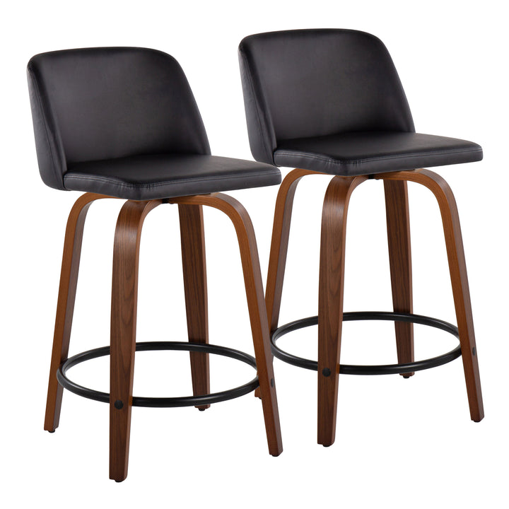 Toriano 24" Mid-Century Modern Fixed-Height Counter Stool with Swivel in Walnut Wood (Set of 2)