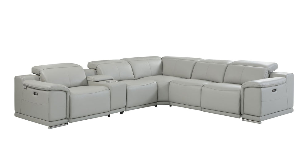 DivanItalia 9762 5-Piece L Shaped Top Grain Italian Leather Sectional Sofa with 3 Power Recliners - Light Gray