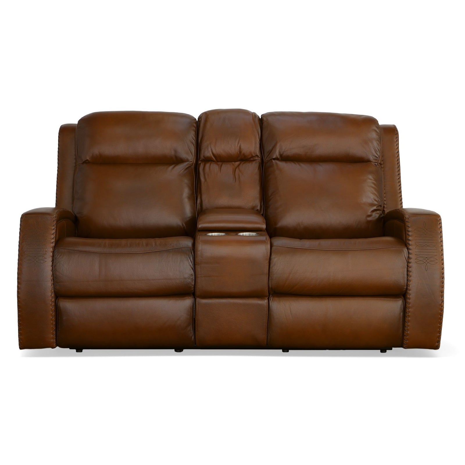 Mustang Leather Power Loveseat with Console with Power Headrest in Rust