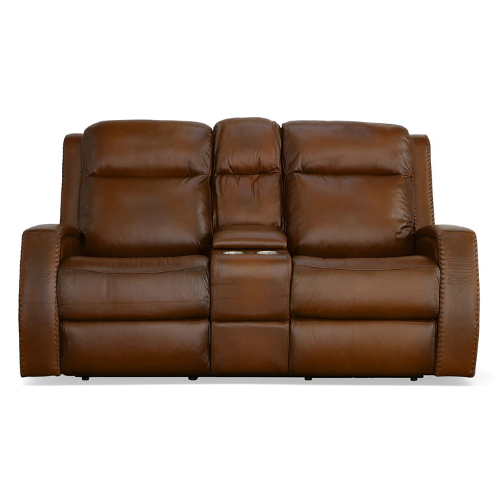 Mustang Leather Power Loveseat with Console with Power Headrest in Rust