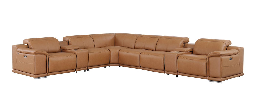 DivanItalia 9762 8-Piece L Shaped Top Grain Italian Leather Sectional Sofa with 4 Power Recliners - Cognac