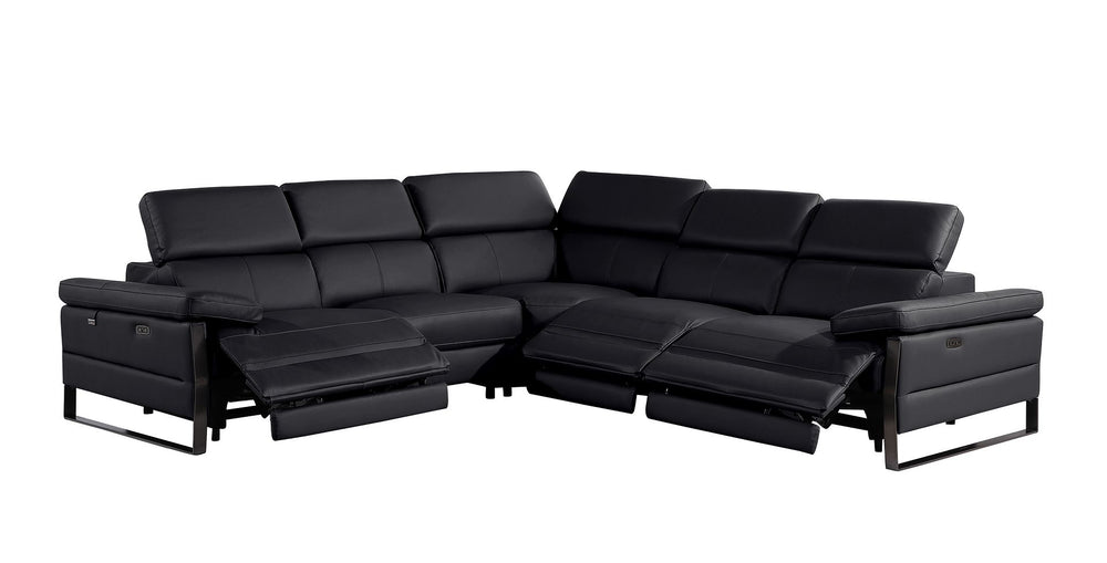 DivanItalia 1246 5-Piece L-Shaped Modular Power Reclining Sectional with Power Headrests – Top Grain Italian Leather - Black