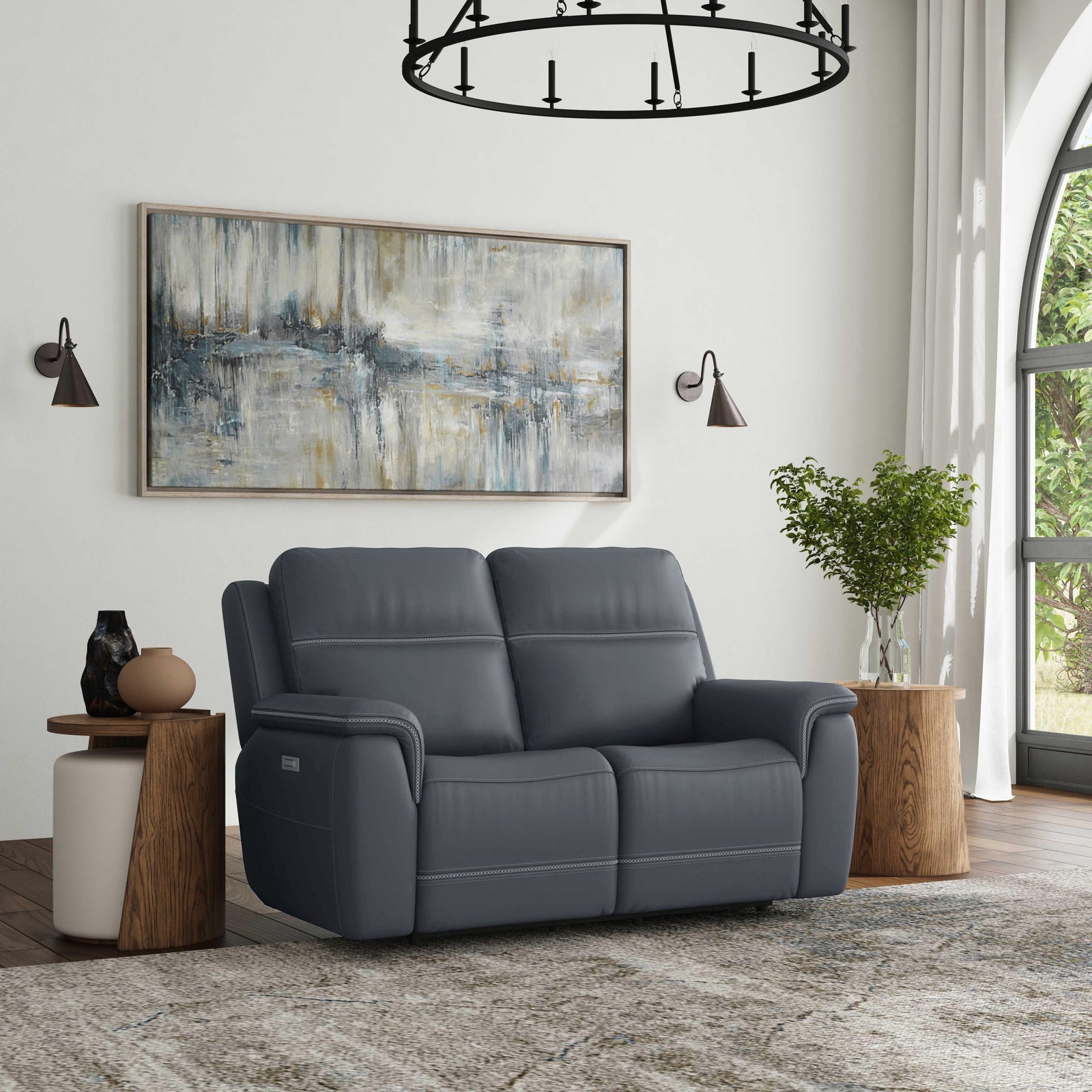 Sawyer Leather Power Reclining Loveseat w/ Pwr Headrests, Lumbar in Marine