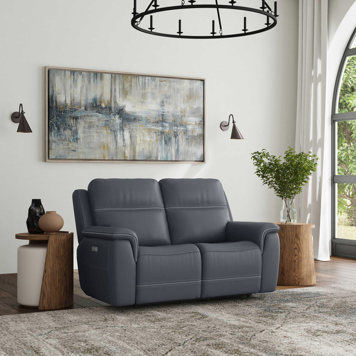 Sawyer Leather Power Reclining Loveseat w/ Pwr Headrests, Lumbar in Marine