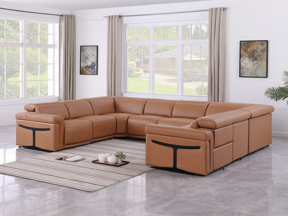 DivanItalia 1126 8-Piece U-Shaped Sectional Sofa in Top Grain Italian Leather with 4 Power Recliners & Power Headrests – No Console - Cognac