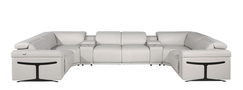 DivanItalia 1126 8-Piece U-Shaped Sectional Sofa in Top Grain Italian Leather with 4 Power Recliners & Power Headrests – with Console - Light Gray