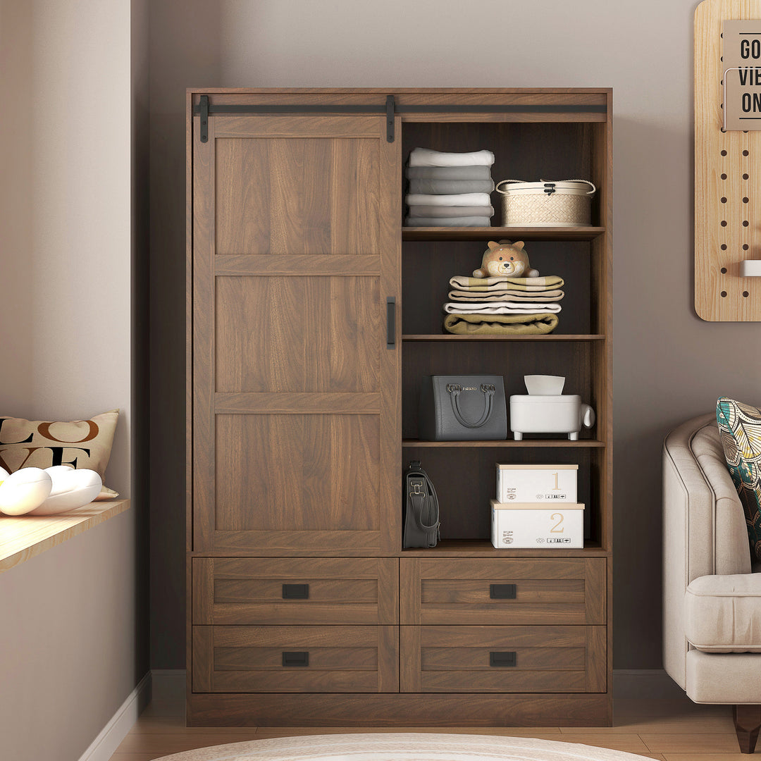 Tall Bedroom Armoire Wardrobe Closet Clothing Storage Cabinet with Hanging Rod Barn Door Drawers Open Shelves