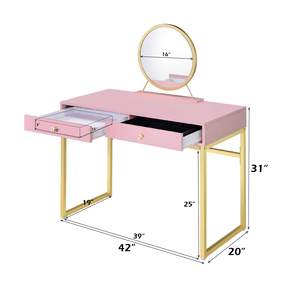 Coleen - Vanity Desk With Mirror & Jewelry Tray - Pink & Gold