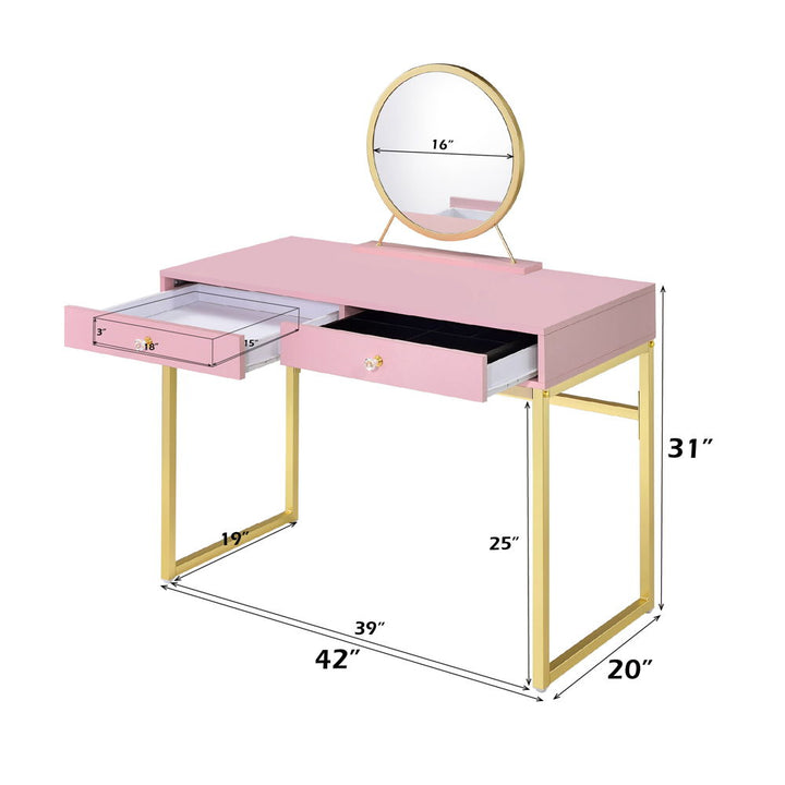Coleen - Vanity Desk With Mirror & Jewelry Tray - Pink & Gold