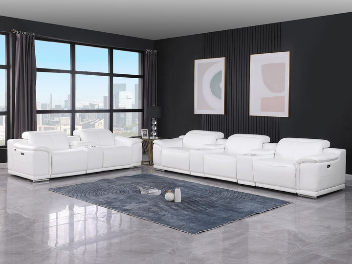 DivanItalia 9762 8-Piece Modular Power Reclining Sofa and Console Loveseat Set with Top Grain Italian Leather - White