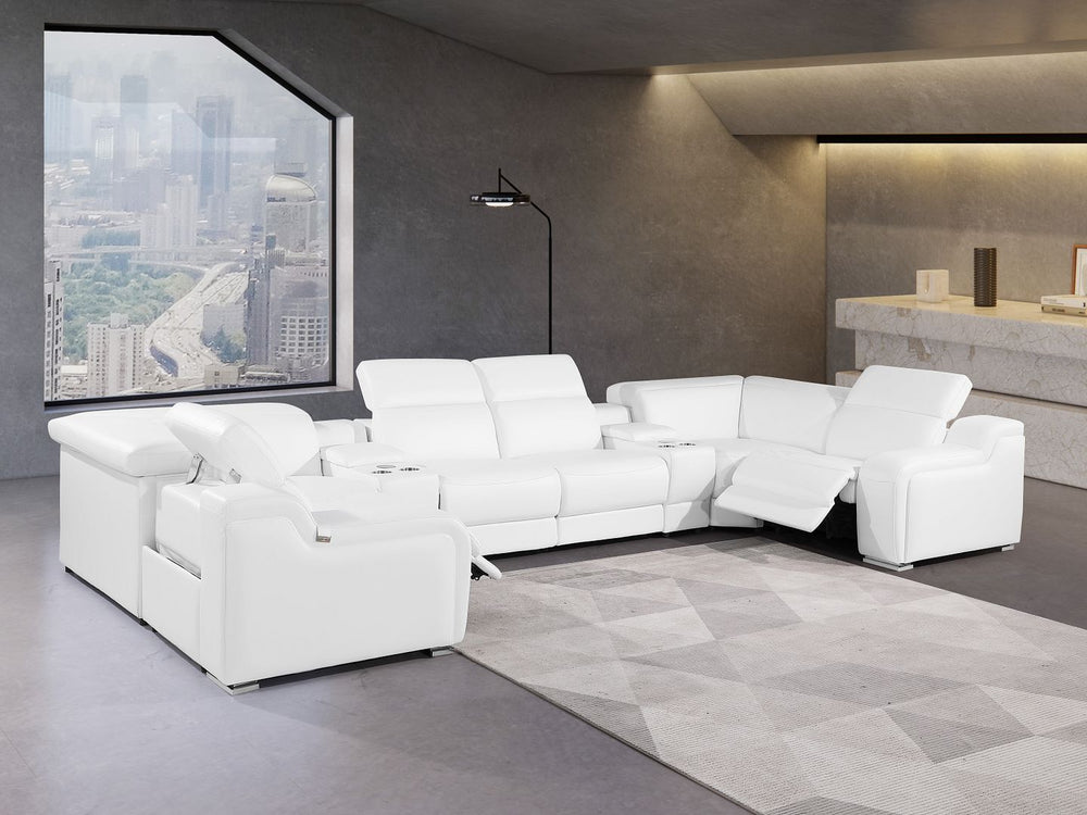 DivanItalia 1116 8-Piece U-Shaped Sectional Sofa in Top Grain Italian Leather with 2 Power Recliners & Power Headrests – with Console - White
