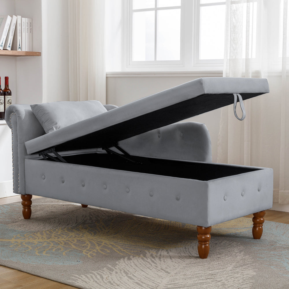 grey-velvet-lounge-chaise-with-storage-pillow-modern-upholstered-rolled-arm