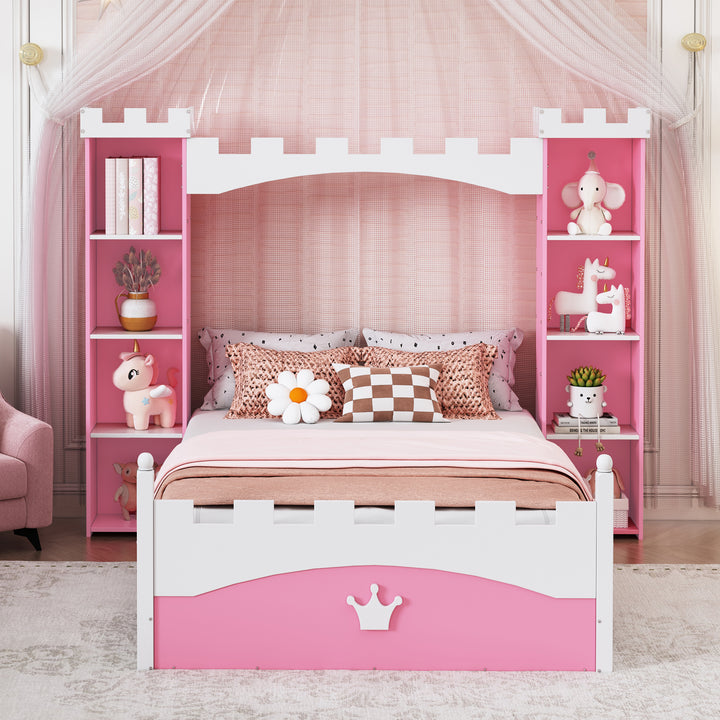Castle-Shaped Wooden Twin Bed with Storage Shelf, Pink and White