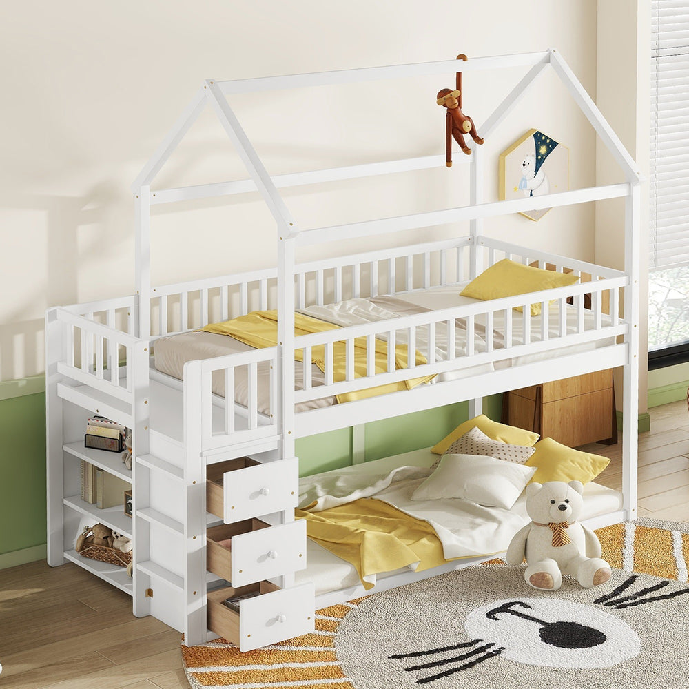 twin-twin-house-bunk-bed-with-shelves-and-drawers-white-color