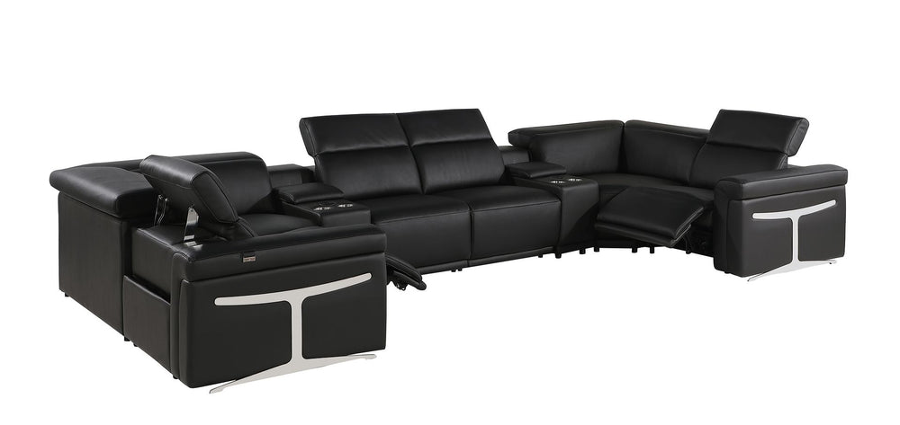 DivanItalia 1126 8-Piece U-Shaped Sectional Sofa in Top Grain Italian Leather with 2 Power Recliners & Power Headrests - Black