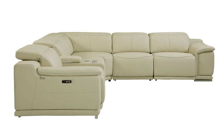 DivanItalia 9762 6-Piece L Shaped Top Grain Italian Leather Sectional Sofa with 3 Power Recliners - Beige