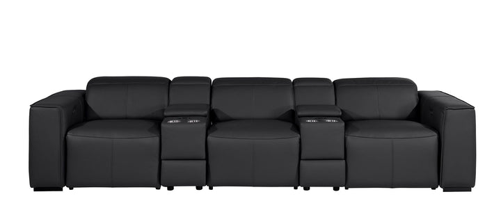 DivanItalia 1224 5-Piece Modular Power Reclining Sofa in Top Grain Italian Leather with 3 Power Recliners &amp; Power Headrests - Black