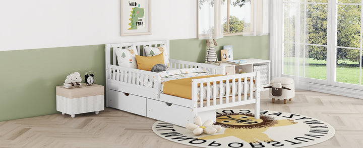 twin-size-wood-platform-bed-with-guardrails-and-two-storage-drawers-in-white