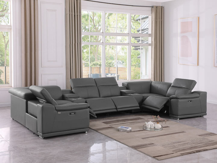 DivanItalia 9762 8-Piece U Shaped Top Grain Italian Leather Sectional Sofa with 4 Power Recliners – with Console - Dark Gray