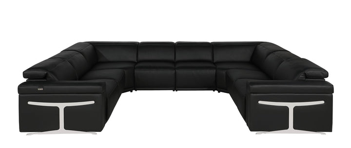 DivanItalia 1126 8-Piece U-Shaped Sectional Sofa in Top Grain Italian Leather with 4 Power Recliners &amp; Power Headrests – No Console - Black
