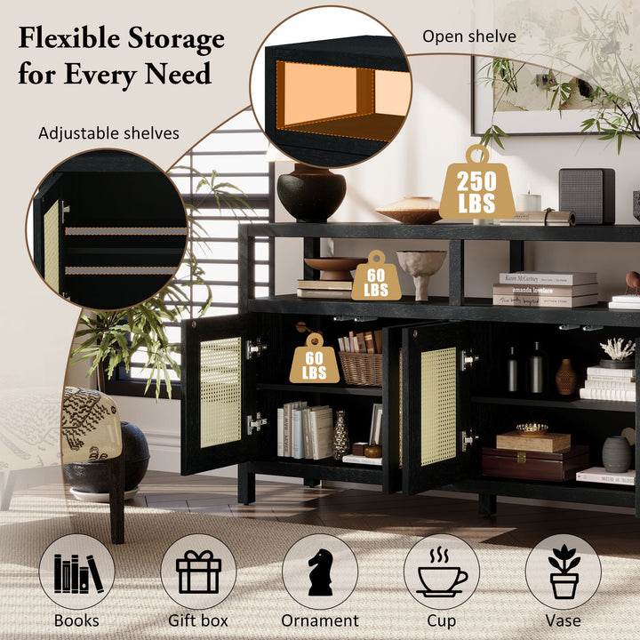 bohemian-style-rattan-sideboard-or-buffet-storage-cabinet-with-solid-wood-frame-black