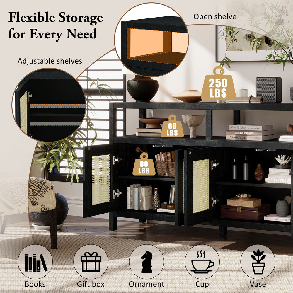 bohemian-style-rattan-sideboard-or-buffet-storage-cabinet-with-solid-wood-frame-black