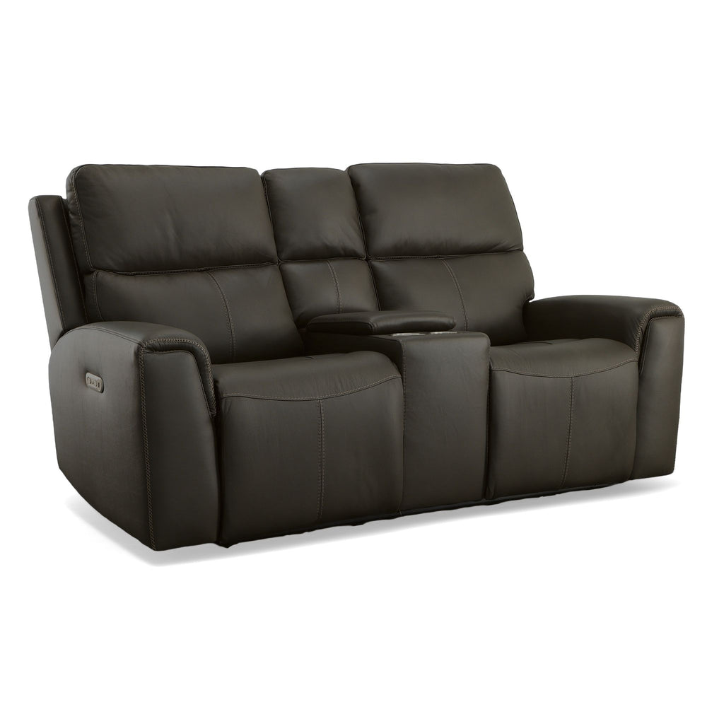 Jarvis Leather Power Reclining Loveseat with Console & Power Headrests in Mica