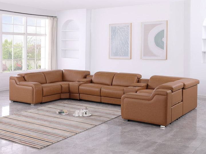 DivanItalia 1116 8-Piece U-Shaped Sectional Sofa in Top Grain Italian Leather with 2 Power Recliners &amp; Power Headrests – with Console - Cognac