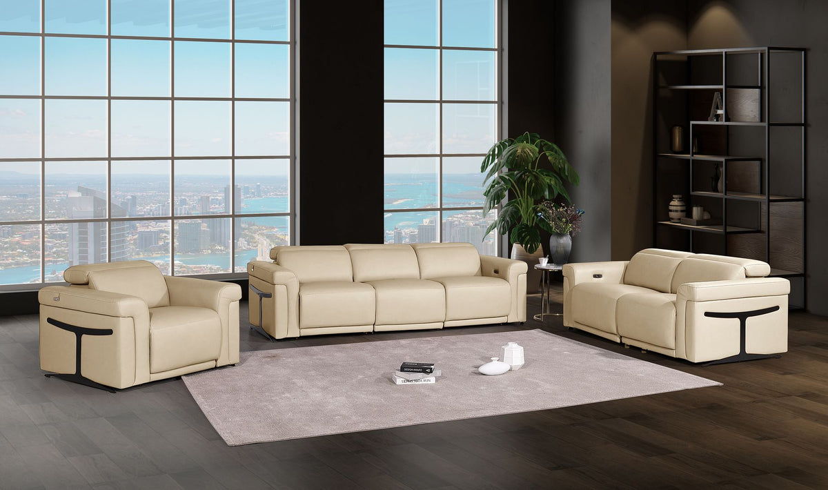 DivanItalia 1126 7-Piece Modular Power Reclining Sofa, Loveseat & Chair Set in Top Grain Italian Leather with 5 Power Recliners & Power Headrests - Beige