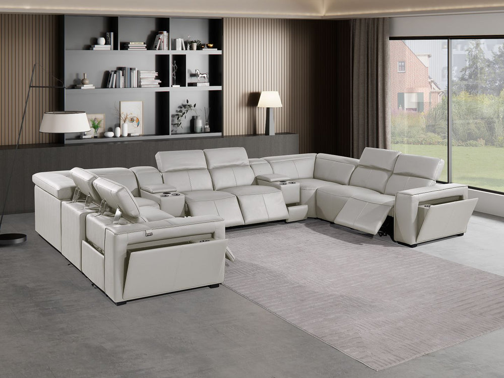 DivanItalia 1224 10-Piece U-Shaped Sectional Sofa in Top Grain Italian Leather with 4 Power Recliners & Power Headrests - Light Gray