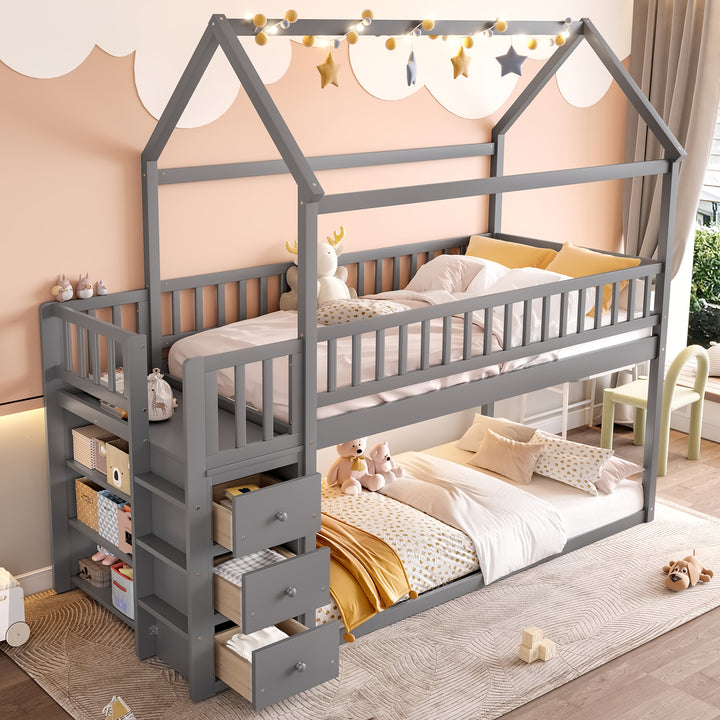 TWIN/TWIN HOUSE BUNK BED WITH SHELVES AND DRAWERS, GREY COLOR