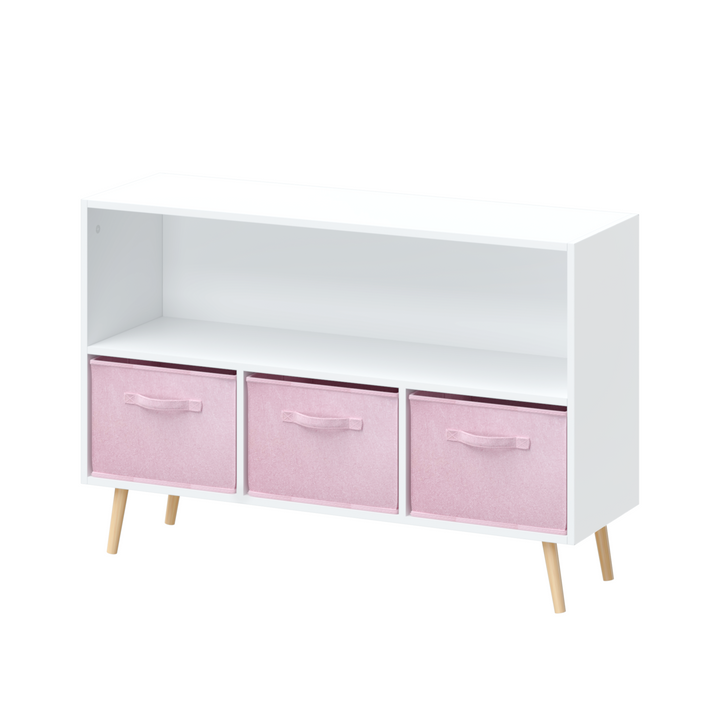 modern-kids-bookcase-with-collapsible-fabric-drawers-childrens-book-display-toy-storage-white-pink-mdf-pine-legs