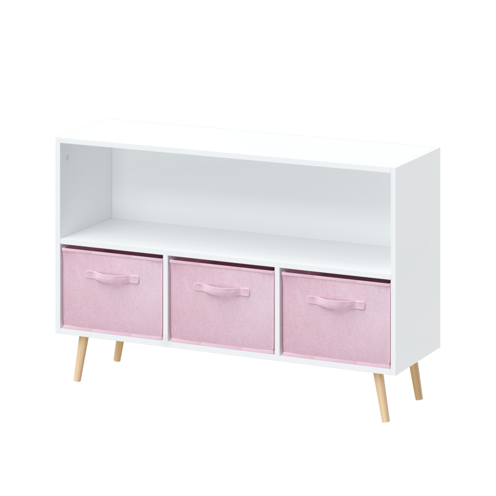 Modern Kids Bookcase with Collapsible Fabric Drawers, Children's Book Display & Toy Storage, White/Pink MDF & Pine Legs
