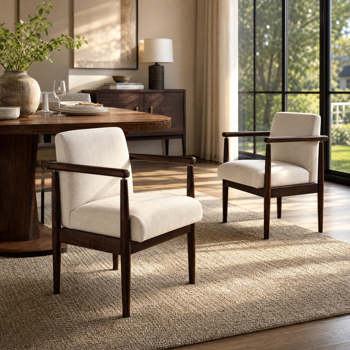 Mid-Century Dining Armchair – Walnut &amp; Beige (Set of 2)