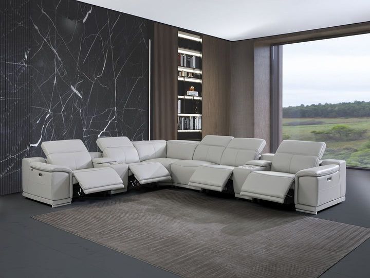 DivanItalia 9762 8-Piece L Shaped Top Grain Italian Leather Sectional Sofa with 4 Power Recliners - Light Gray